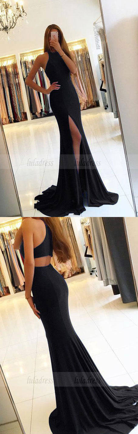 sexy split long jersey black mermaid evening dress backless prom gowns,BD98143