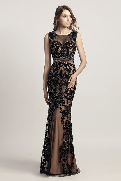 Charming Black Appliques With Beading Mermaid Long Evening Dress