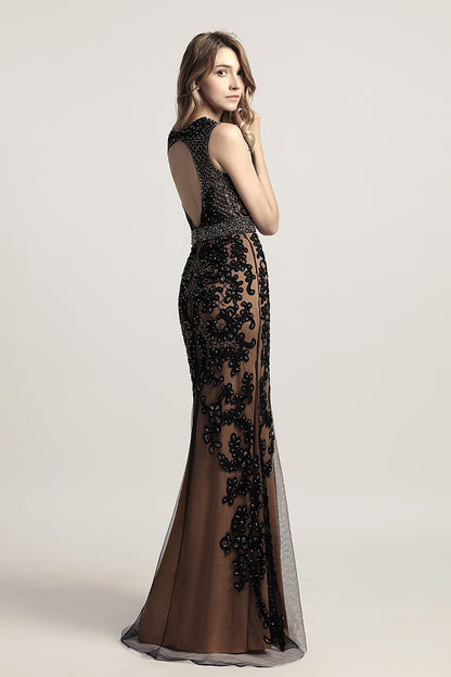 Charming Black Appliques With Beading Mermaid Long Evening Dress