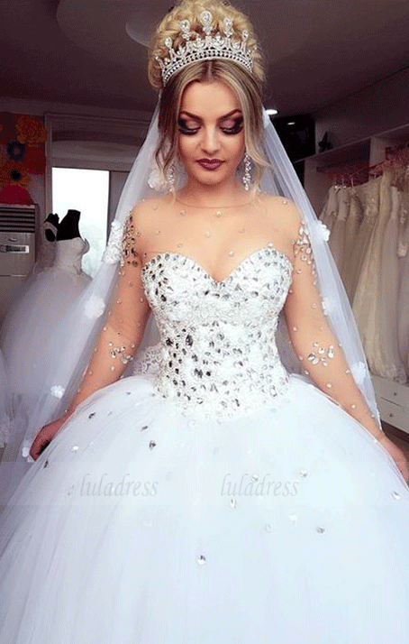 gorgeous crystal beaded wedding dress ball gowns with illusion long sleeves