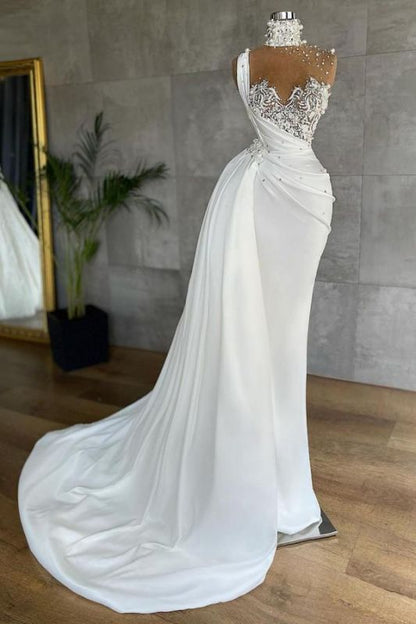 Luxury Mermaid White One Shoulder Satin Beading Appliques Prom Dresses