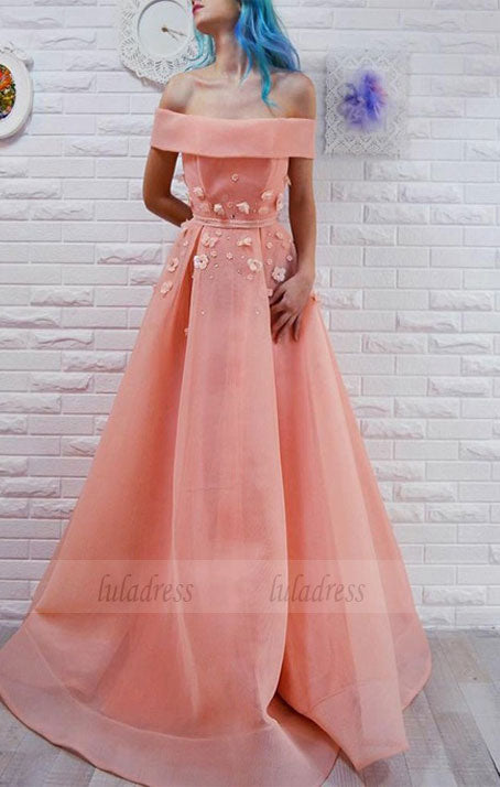 off the shoulder pink prom dress with appliques,elegant a-line off the shoulder party dress with sash