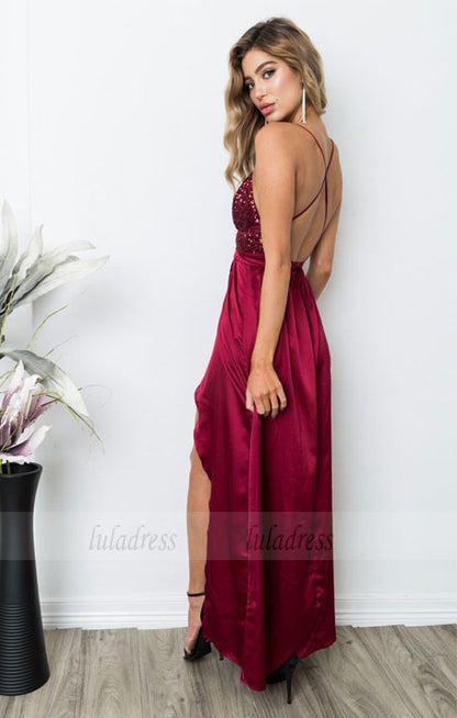 Sequined Prom Dress,Prom Dress with Slit,Backless Prom Dress