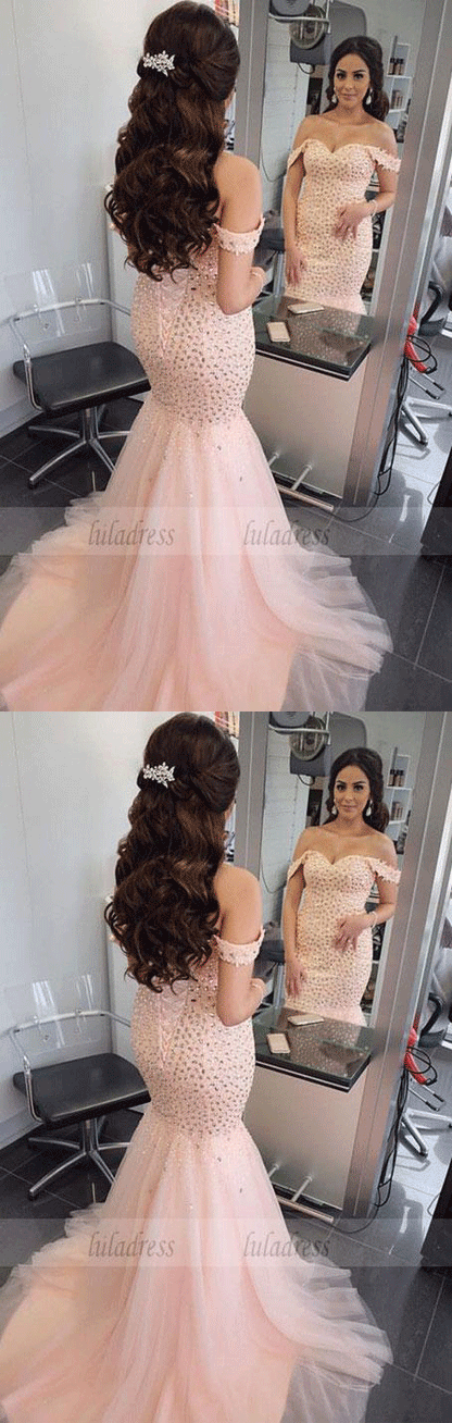 Luxurious Beaded Off Shoulder Mermaid Evening Dresses Bodice Corset Prom Dress