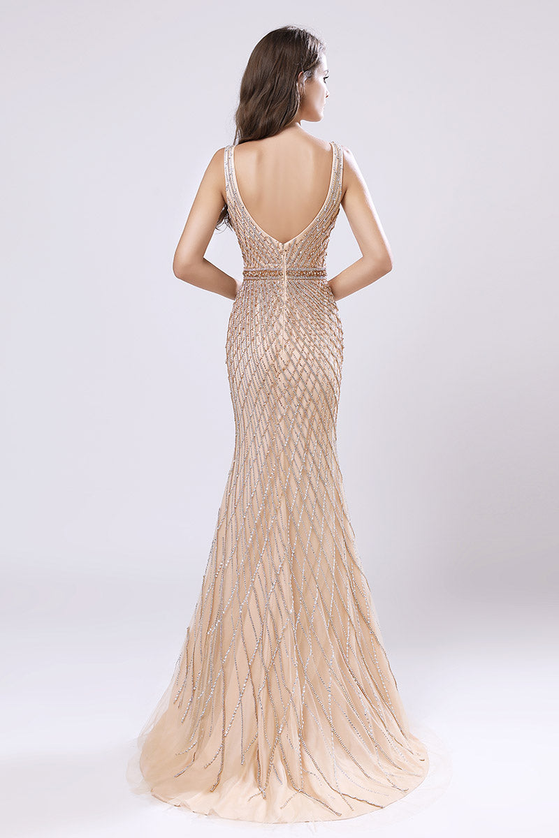 Formal V-neck Mermaid Beaded Long Evening Dress