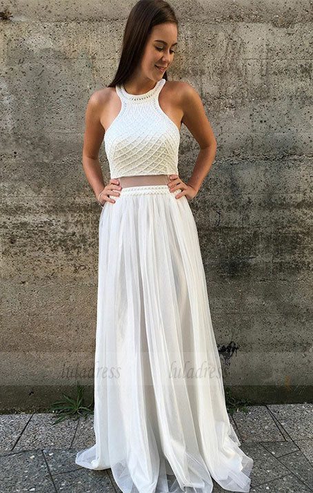 Two Piece Jewel Long Prom Dress with Pearls