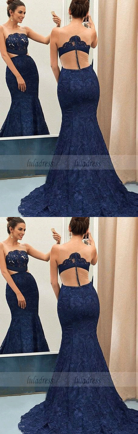 Mermaid Round Neck Sweep Train Navy Blue Lace Prom Dress,BD99564