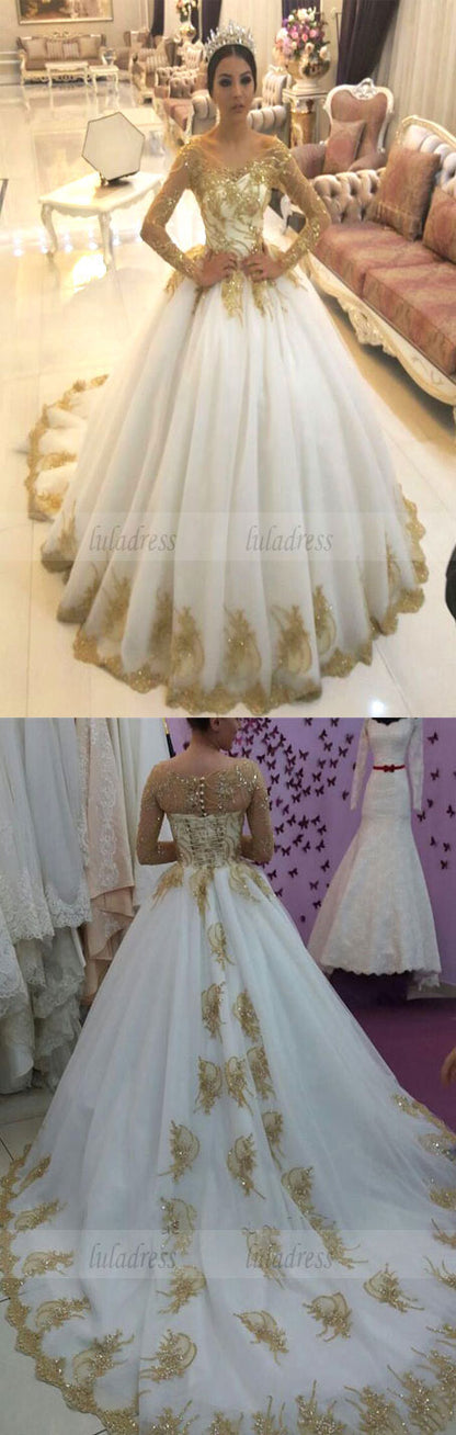 Gold Lace Appliques White Tulle Long Sleeves Bridal Ball Gown Wedding Dresses