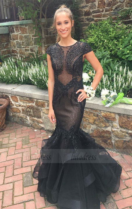 Luxury Mermaid Prom Dress ,Beaded Cap Sleeves Evening Dresses, Long Formal  Party Gowns