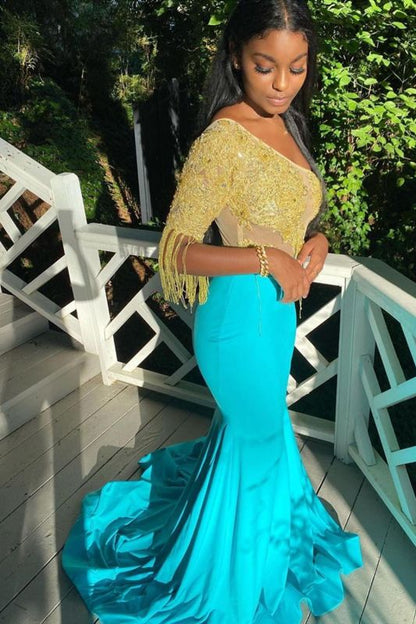 Gorgeous Turquoise Mermaid Prom Dresses With Golden Tassel