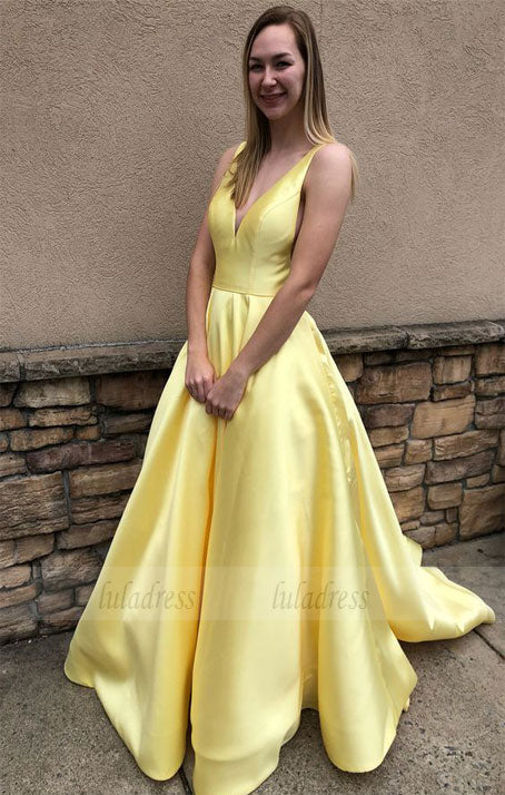 yellow long prom dress, ball gown, simply princess v neck yellow long prom dress graduation dress