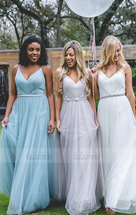 Long Bridesmaid Dress, Tulle Bridesmaid Dress, V-Neck Bridesmaid Dress