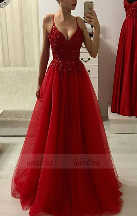 Red v neck lace tulle long prom dress, red evening dress