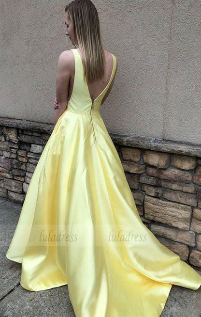 yellow long prom dress, ball gown, simply princess v neck yellow long prom dress graduation dress