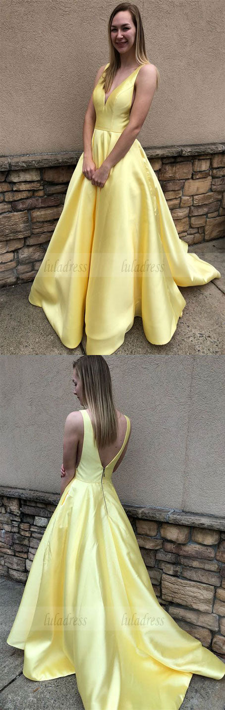 yellow long prom dress, ball gown, simply princess v neck yellow long prom dress graduation dress