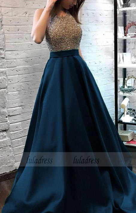 Sparkly Beaded Halter Long Satin Evening Gowns Open Back Prom Dresses