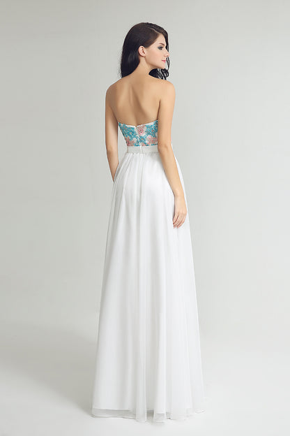 White Sweetheart Long Chiffon Prom Evening Dress