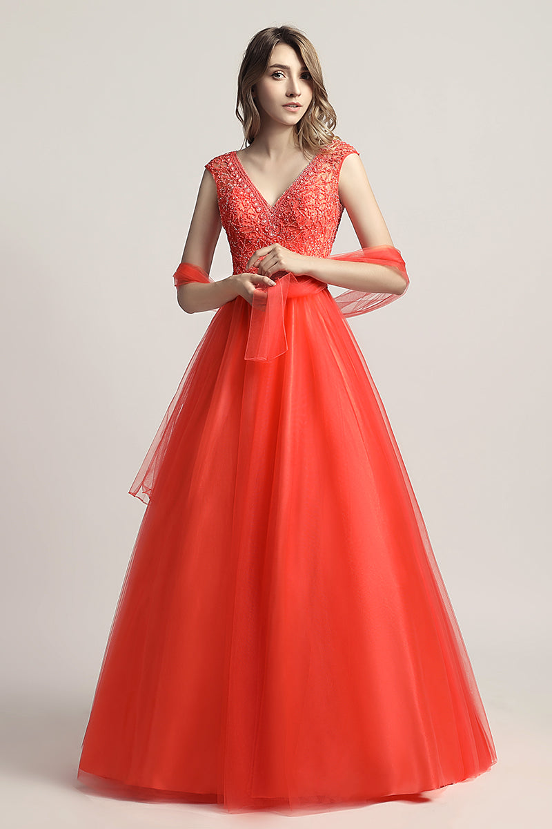 Red V-neck Beaded Long Formal A-line Prom Dress