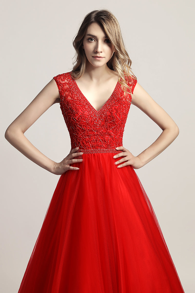 Red V-neck Beaded Long Formal A-line Prom Dress