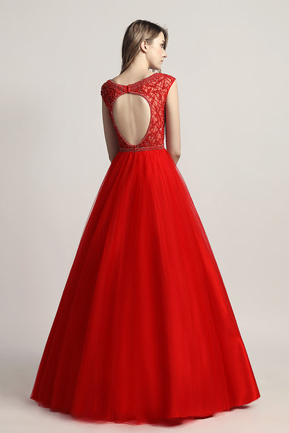 Red V-neck Beaded Long Formal A-line Prom Dress