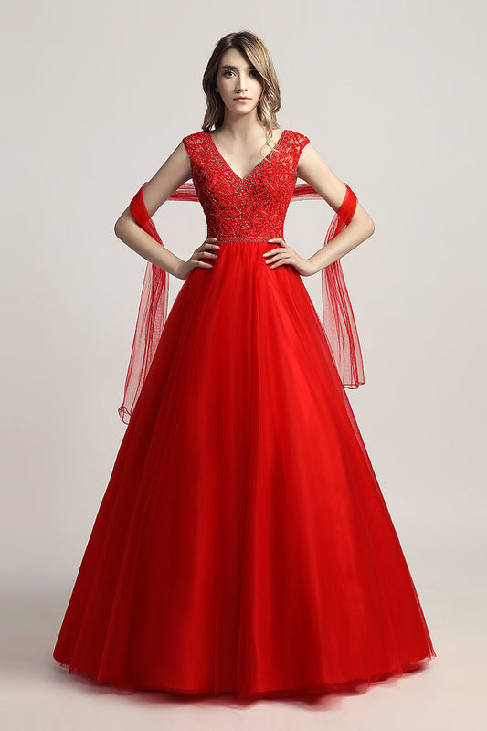 Red V-neck Beaded Long Formal A-line Prom Dress