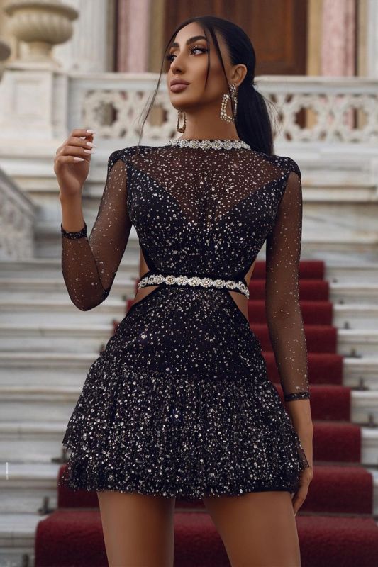 Chic Long Sleeves Black Crystal Sequins Mini Prom Dresses,PD21046 –  luladress