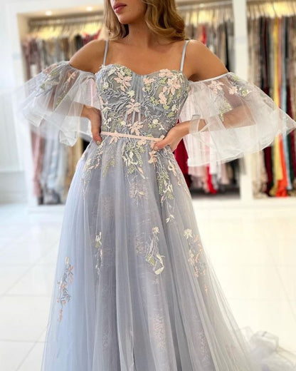 Vintage Long Tulle Evening Prom Dress Online With Appliques