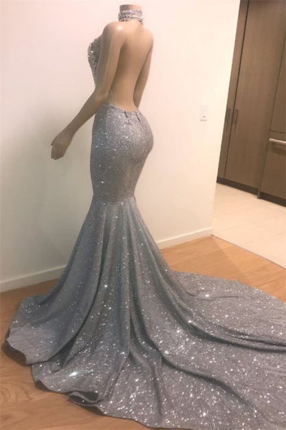 Luxurious Halter Rhinestones Prom Dress Mermaid Long