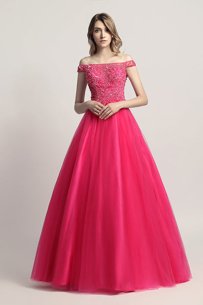 Princess Off Shoulder Beaded Long Formal Prom Dress