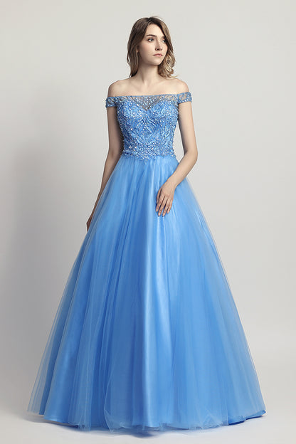 Princess Off Shoulder Beaded Long Formal Prom Dress