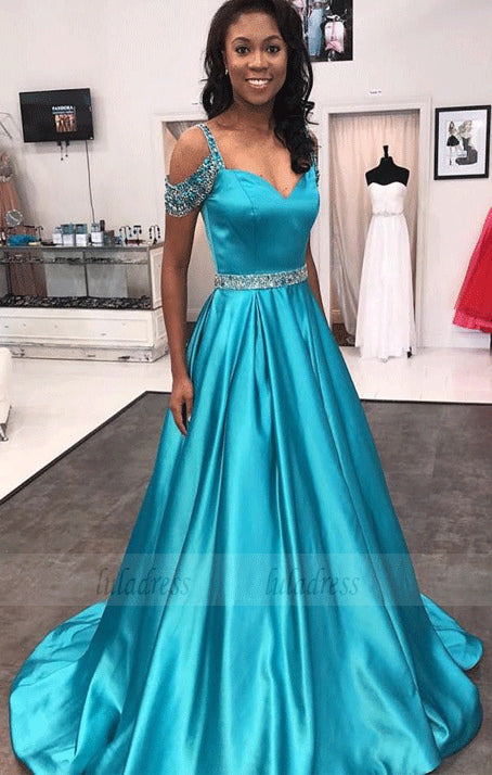 A Line Beaded Long Prom Dresses with Sweep Train