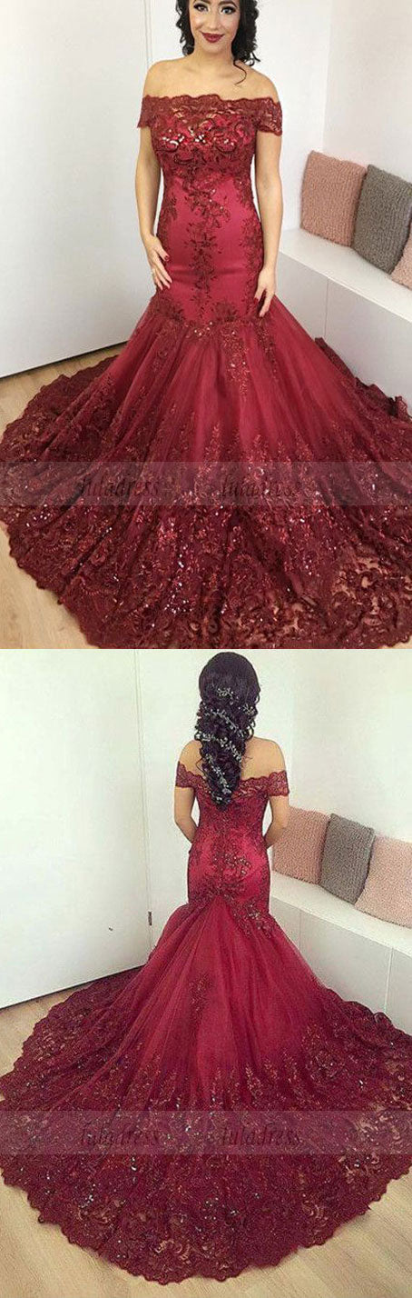 Burgundy Lace off-the-shoulder Evening Dresses Mermaid Prom Gowns,BD98148