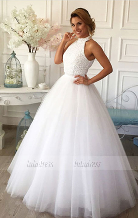 Halter Beaded Ball Gown Floor-Length White Wedding Dress Featuring Keyhole Back