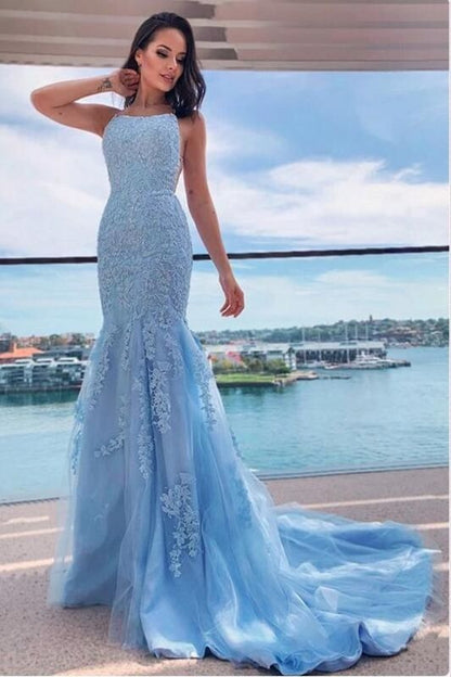 Long Sky Blue Lace Appliques Tulle Mermaid Prom Dress