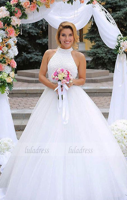 Halter Beaded Ball Gown Floor-Length White Wedding Dress Featuring Keyhole Back