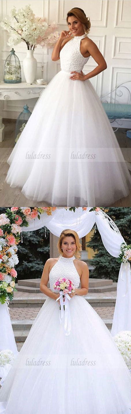 Halter Beaded Ball Gown Floor-Length White Wedding Dress Featuring Keyhole Back