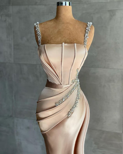 Luxury Sleeveless  Crystal Ruffles Champagne Mermaid Evening Dresses