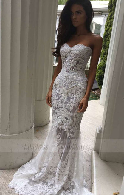 Charming White Lace Wedding Dress,Sexy Sweetheart Bridal Dress