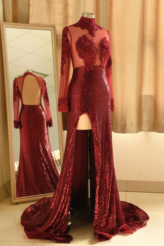 Sexy High-Neck Burgundy Sequined Slit Prom Dress | Long Sleeves Appliques Backless Formal Dress