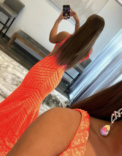 Deep Sequin Mermaid Orange  V-neck Prom Dresses,BD930685