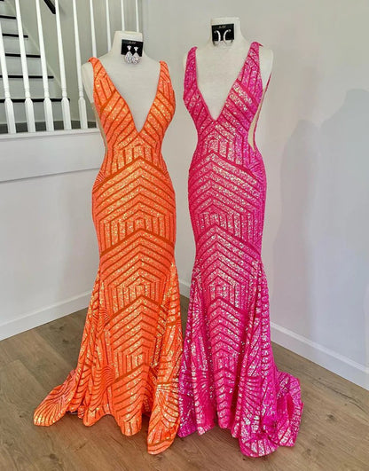 Deep Sequin Mermaid Orange  V-neck Prom Dresses,BD930685