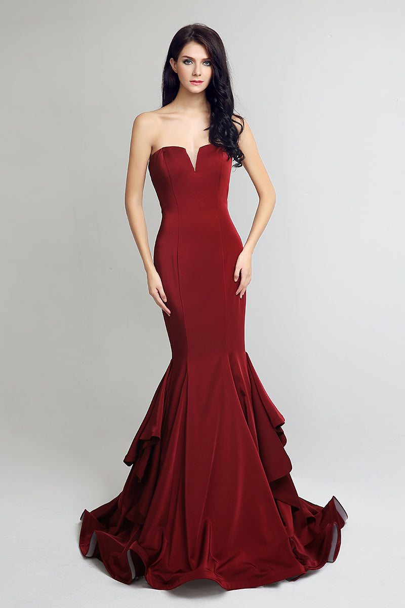 elegant strapless burgundy mermaid formal long Prom Evening Dress