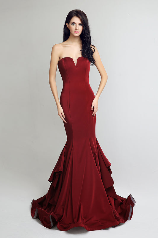 elegant strapless burgundy mermaid formal long Prom Evening Dress