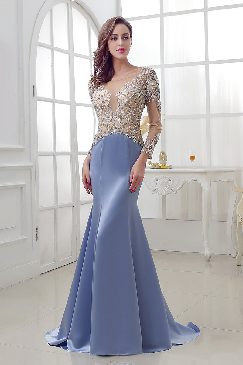 Long Sleeves Mermaid Blue Formal Beaded Long Prom Dress