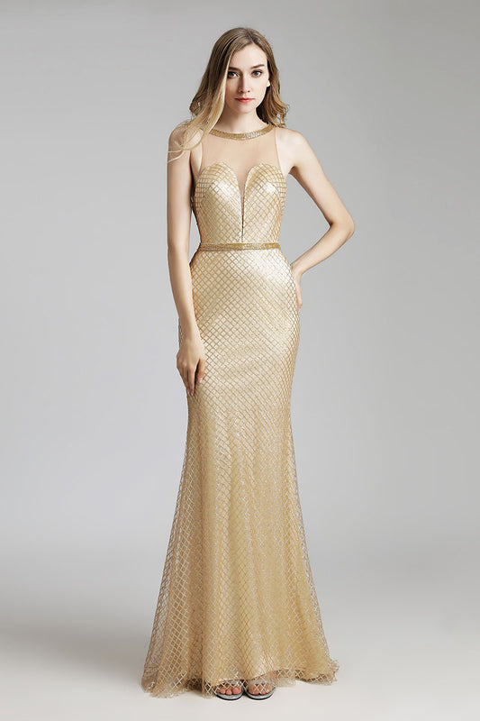 Golden Formal Long Prom Dress Charming White Evening Dress