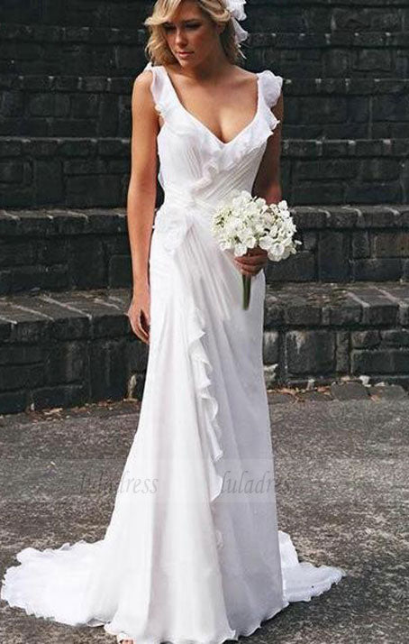 Beach Wedding Dresses,Bridal Dress with Train,Chiffon Wedding Dress,Ruffled Bridal Dress