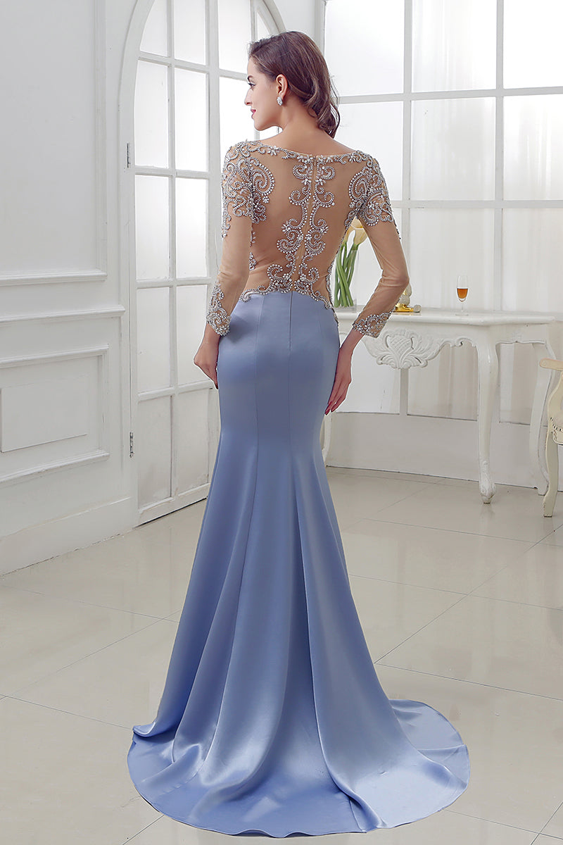 Long Sleeves Mermaid Blue Formal Beaded Long Prom Dress