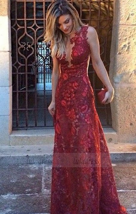 Mermaid Deep V-Neck Sweep Train Dark Red Lace Sleeveless Prom Dress