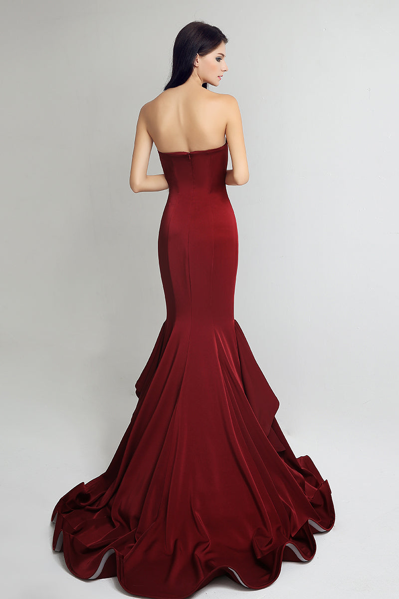 elegant strapless burgundy mermaid formal long Prom Evening Dress