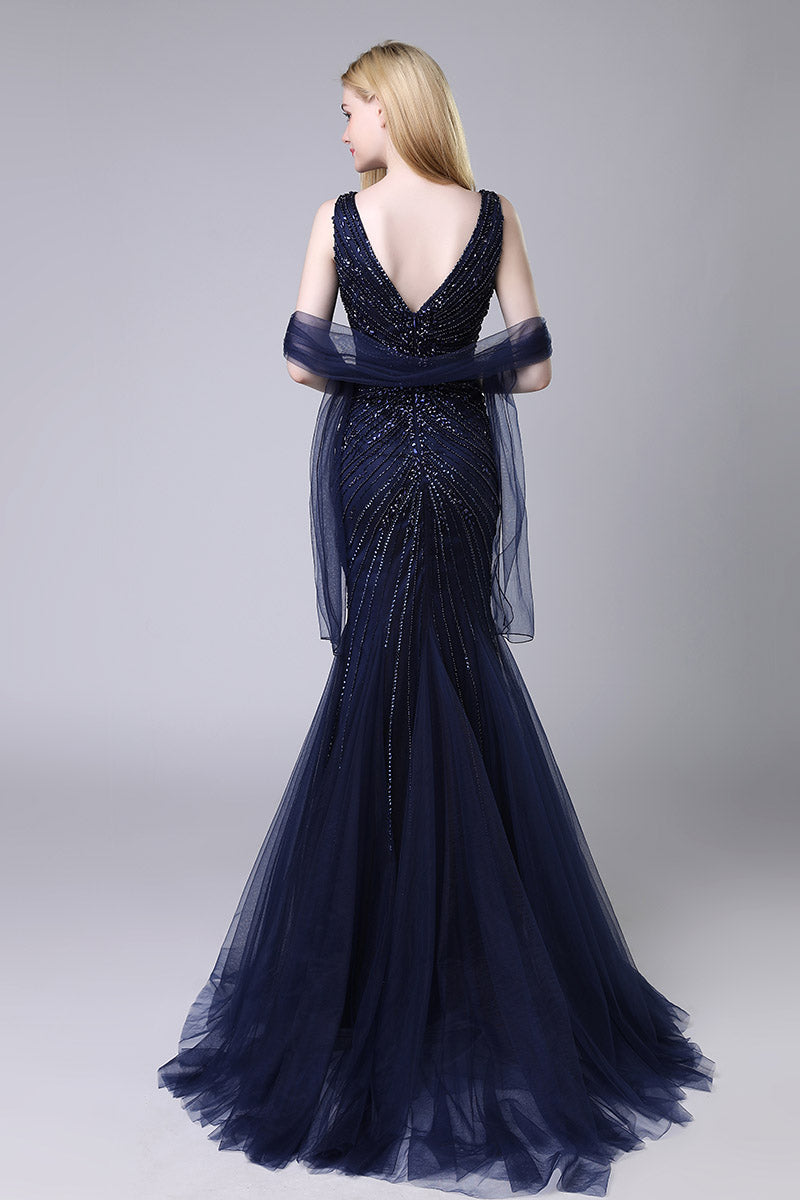 Navy V-neck Luxury Beaded Long Evening Dress Formal Mermaid Prom Dress